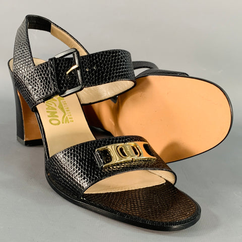 SALVATORE FERRAGAMO Size 9 Black Gold Snake Embossed Chunky Heel Slingback Sandals