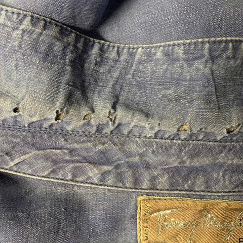 THIERRY MUGLER Size 40 Blue Distressed Linen Cropped Jacket