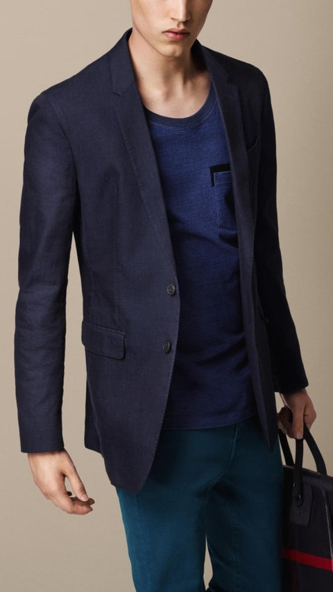 BURBERRY PRORSUM Spring 2015 Size 42 Indigo Blue Denim Notch Lapel Jacket