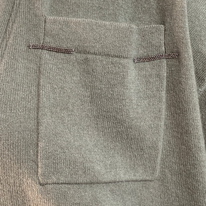 BRUNELLO CUCINELLI Size L Sage Green Cashmere Monili Beaded One Pocket V-Neck Cardigan
