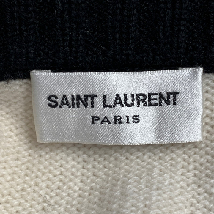SAINT LAURENT Size L Cream Black Cashmere Contrast Trim Cardigan