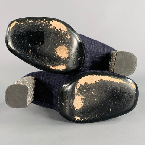 DRIES VAN NOTEN Size 7 Navy Silver Stripe Rhinestone Chunky Heel Pumps