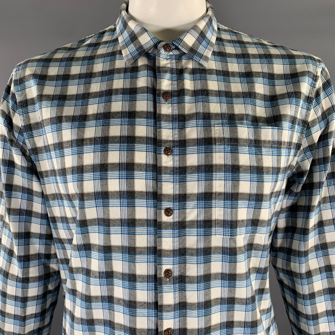 ATM Size L Gray Blue Plaid Cotton Elbow Patches Long Sleeve Shirt