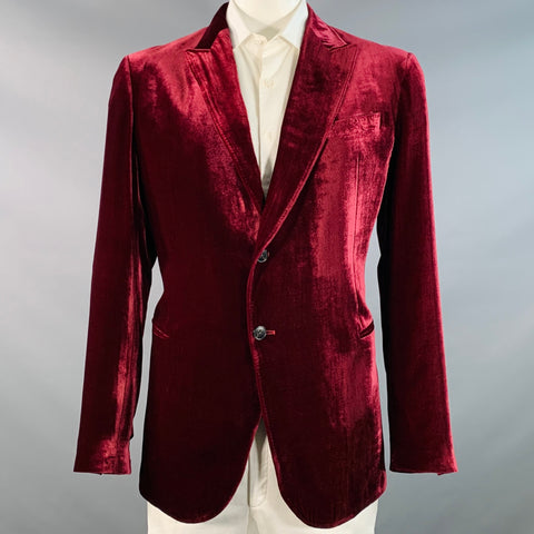 ARMANI COLLEZIONI Size 46 Long Burgundy Velvet Rayon Silk Sport Coat