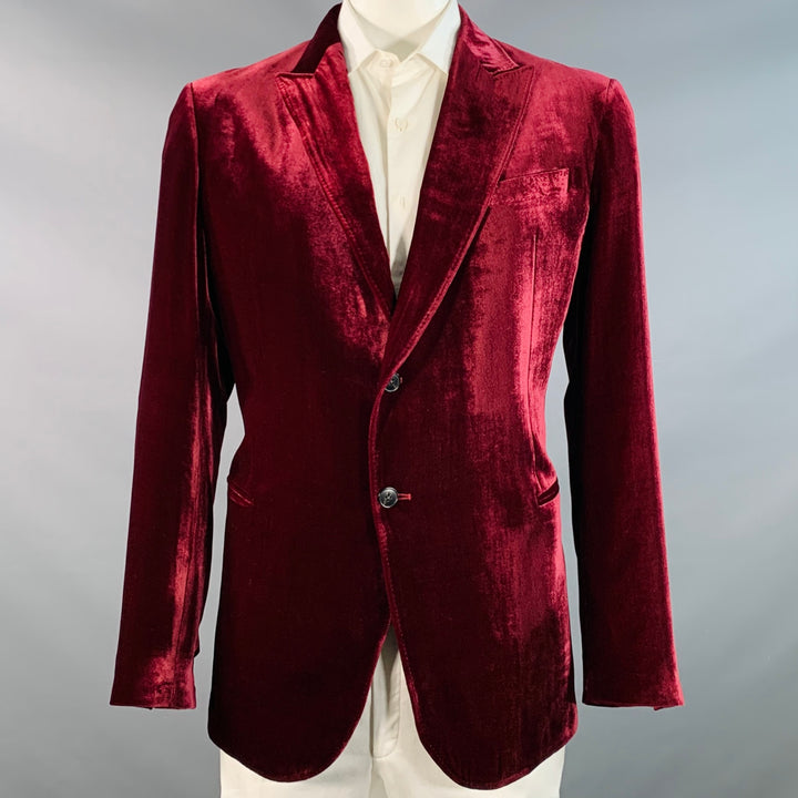 ARMANI COLLEZIONI Size 46 Long Burgundy Velvet Rayon Silk Sport Coat