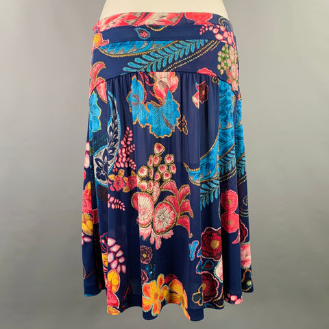 ETRO Size 6 Navy Multi Color Polyester Floral Pleated Skirt