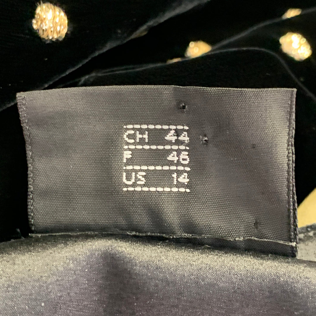 AKRIS Size 14 Black Metallic Gold Velvet Polka Dot Long Sleeve Bow Midi Dress