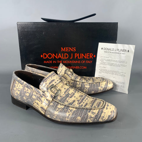 DONALD J PLINER Size 9.5 Grey Beige Snake print Leather Horsebit Loafers