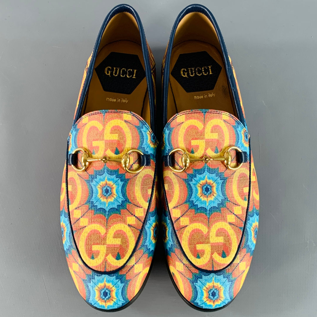 GUCCI Size 7 Orange Blue Coated Canvas Leather GG Print Horsebit Loafers Flats