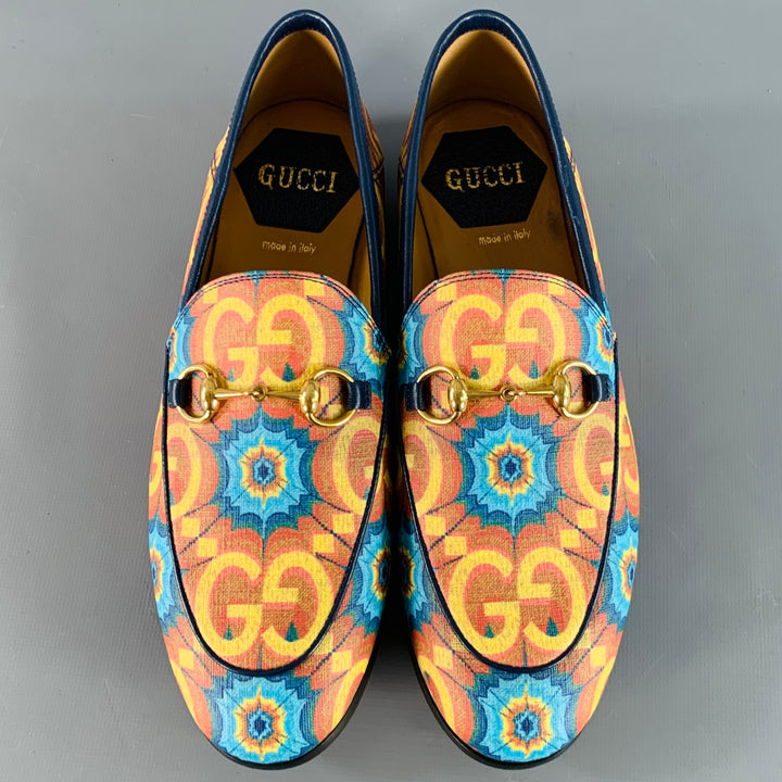 GUCCI Size 7 Orange Blue Coated Canvas Leather GG Print Horsebit Loafers Flats