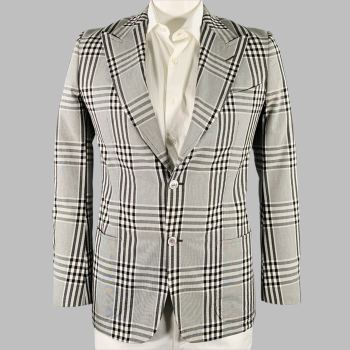 TOM FORD Size 40 Grey Black Plaid Cotton Peak Lapel Sport Coat
