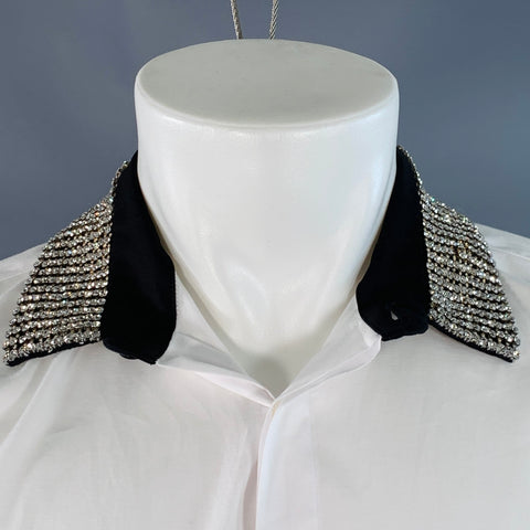 HAIDER ACKERMANN Size S White Beaded Cotton Crystals Hidden Placket Short Sleeve Shirt
