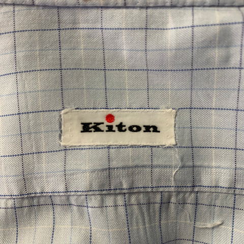 KITON Size L Light Blue Windowpane Cotton French Cuff Long Sleeve Shirt