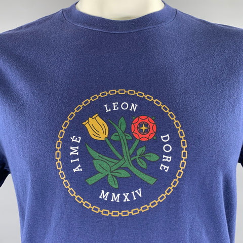 AIME LEON DORE Size L Navy Logo Cotton Crew-Neck T-shirt