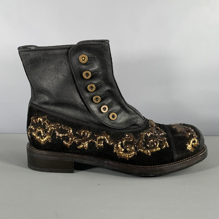 DOLCE & GABBANA Size 8.5 Black Gold Embroidery Leather Side Buttons Boots