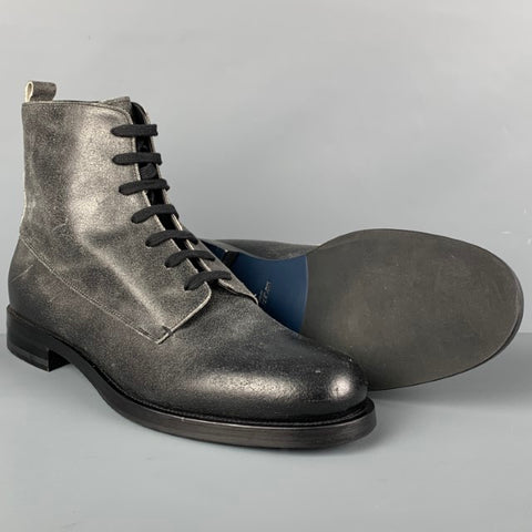 EMPORIO ARMANI Size 10 Black Distressed Leather Lace-Up Boots