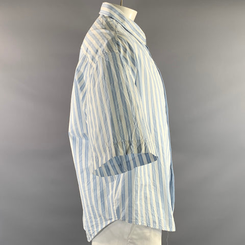 AMI Size L White Blue Stripe Cotton Button Up Short Sleeve Shirt