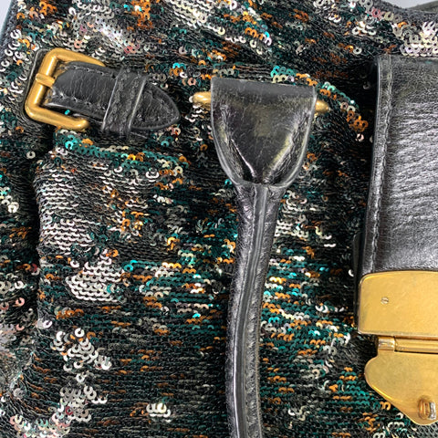 MIU MIU Black Metallic Sequined Leather Top Handles Handbag