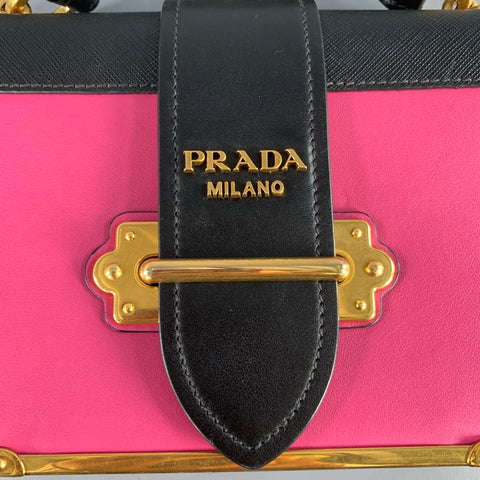 PRADA Cahier Pink Black Gold Leather Cross Body Mini Handbag