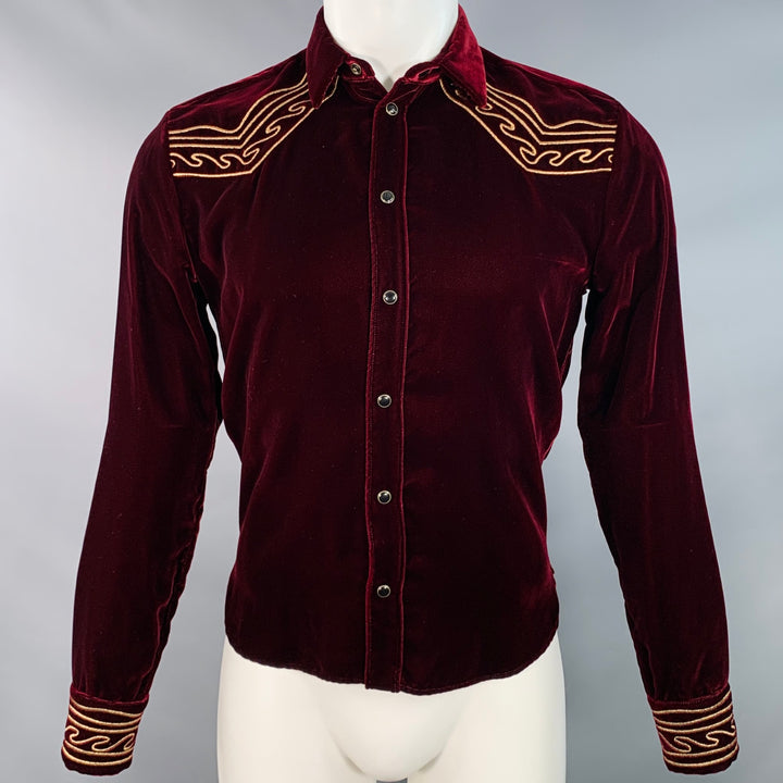 SAINT LAURENT AW18 Size M Burgundy Gold Embroidery Velvet Western Long Sleeve Shirt