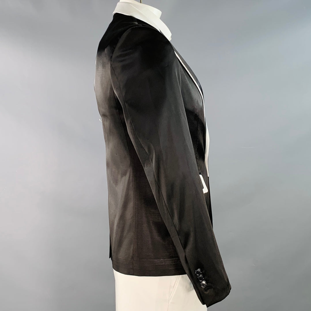 RAF SIMONS Size L Black White Satin Wool Acrylic Peak Lapel Contrast Trim Sport Coat