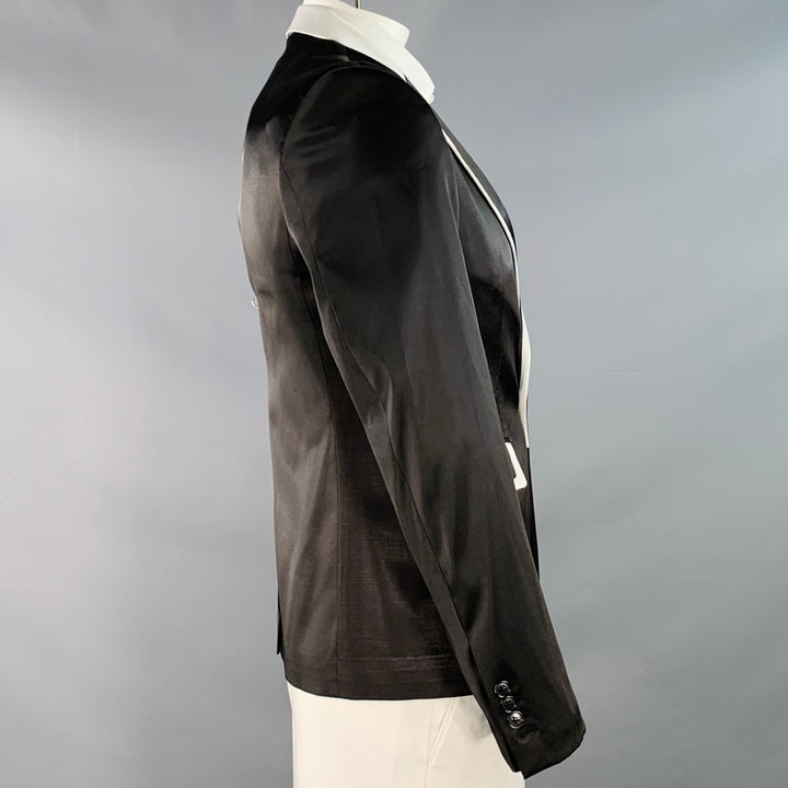 RAF SIMONS Size L Black White Satin Wool Acrylic Peak Lapel Contrast Trim Sport Coat