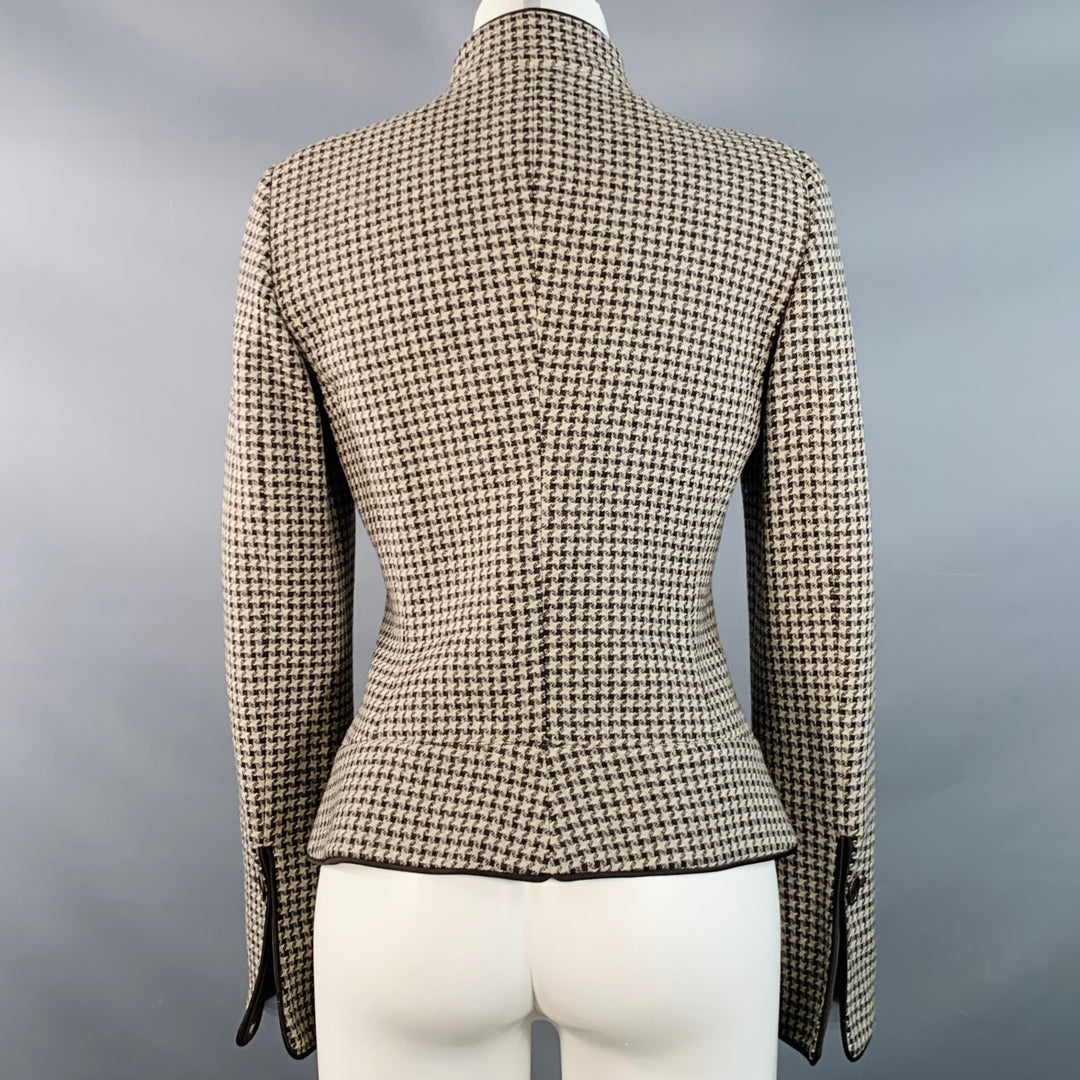 ARMANI COLLEZIONI Size 6 Brown Tan Wool Houndstooth Collarless Jacket Blazer