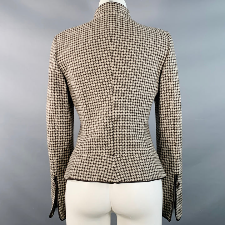 ARMANI COLLEZIONI Size 6 Brown Tan Wool Houndstooth Collarless Jacket Blazer