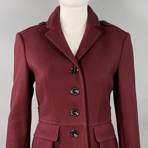 BURBERRY BRIT Size 4 Burgundy Virgin Wool Blend Single Breasted Coat