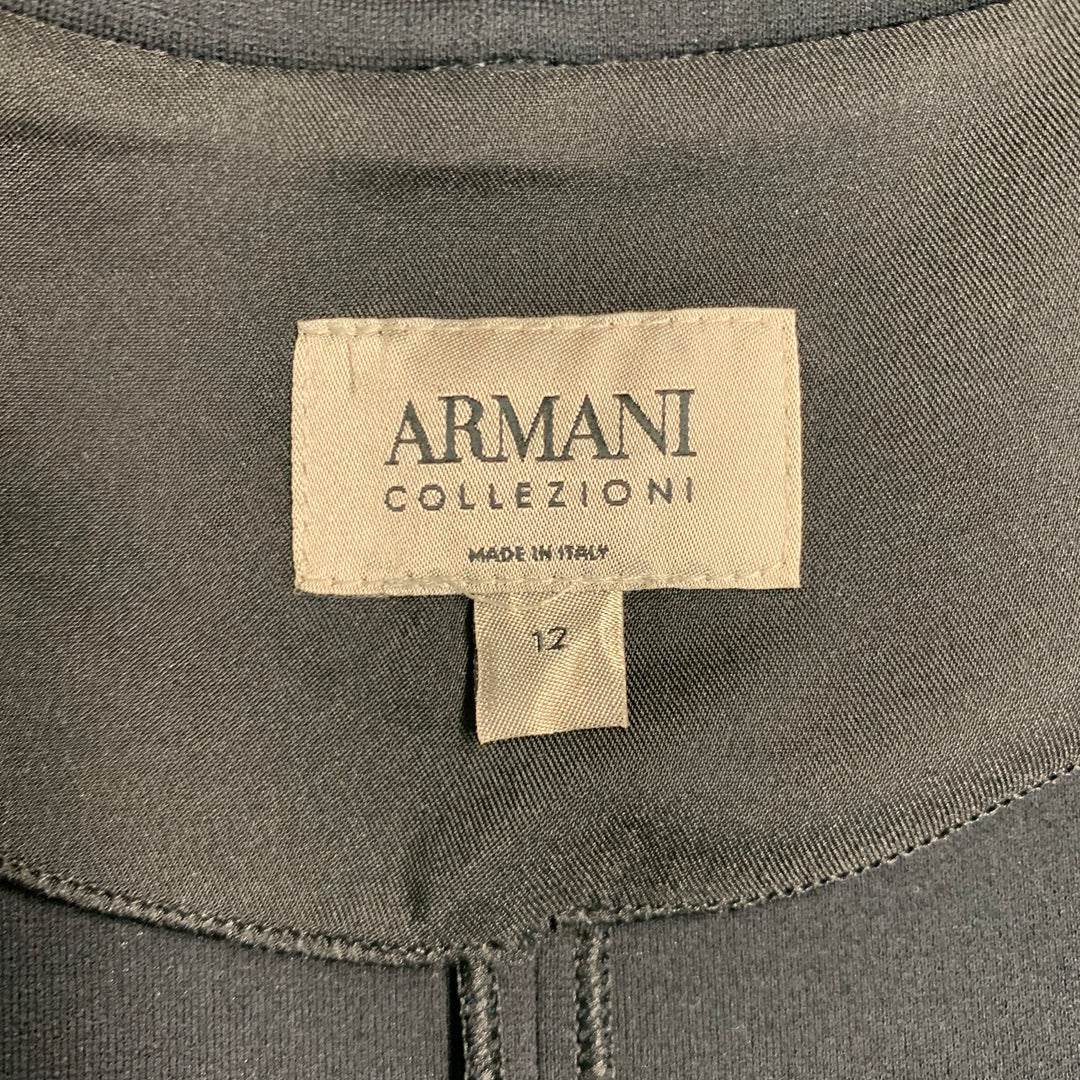 ARMANI COLLEZIONI Size 12 Black Collarless Lines Zip Up Jacket