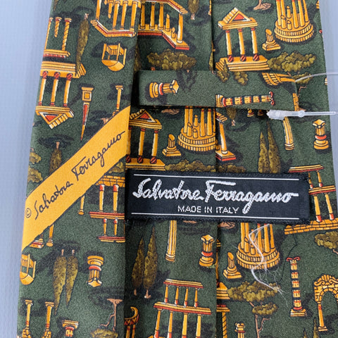 SALVATORE FERRAGAMO Gold Dark Green Greek Architecture Silk Tie