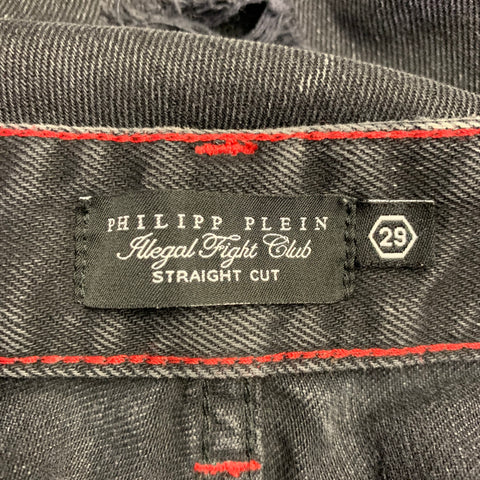 PHILIPP PLEIN Size 29 Black Grey Paint Splatter Cotton Straight Distressed Jeans