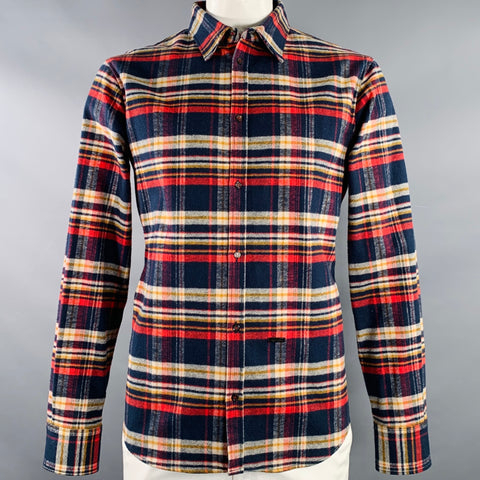 DSQUARED2 Size XL Navy Red Yellow Plaid Cotton Button Up Long Sleeve Shirt