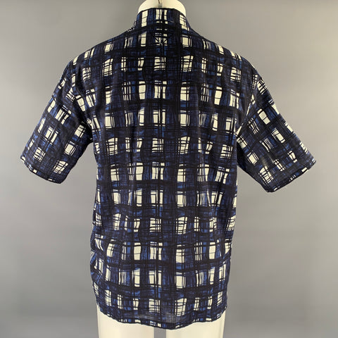 PRADA Size M Navy White & Black Tartan Cotton Cropped Short Sleeve Shirt