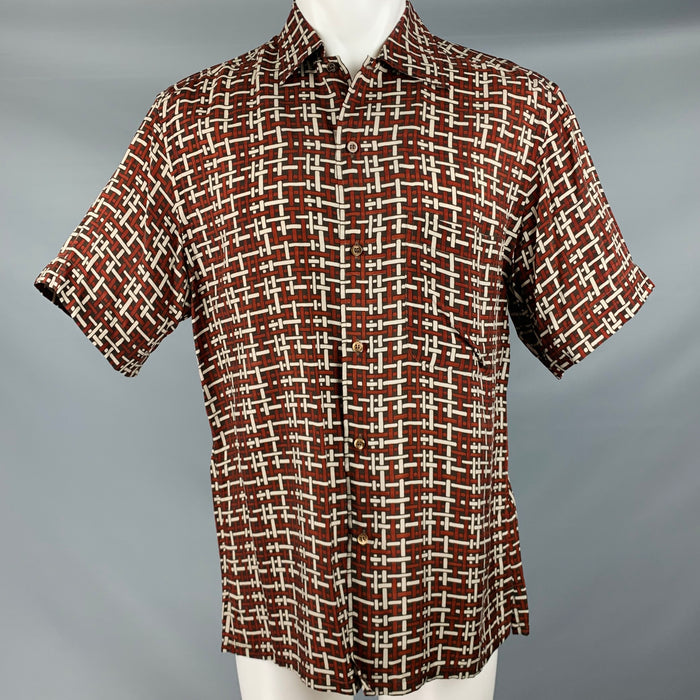 BRIONI Size S Brown Burgundy Basketweave Print Rayon Short Sleeve Shirt