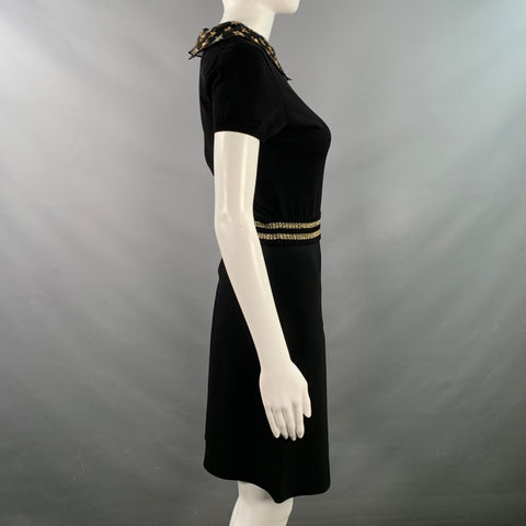 VALENTINO Size M Black Gold Viscose Blend Stars Applique Short Sleeve Dress