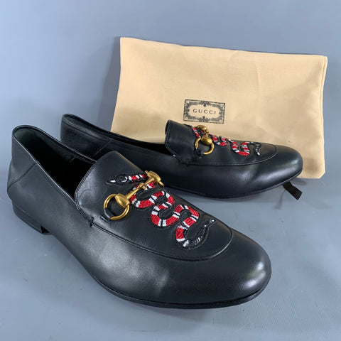 GUCCI Size 12 Black Embroidery Leather Horsebit Loafers