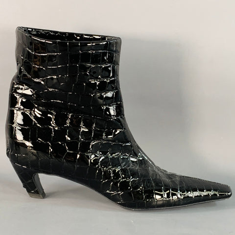KHAITE Size 9.5 Black Alligator Patent Leather Kitten Heel Ankle Boots