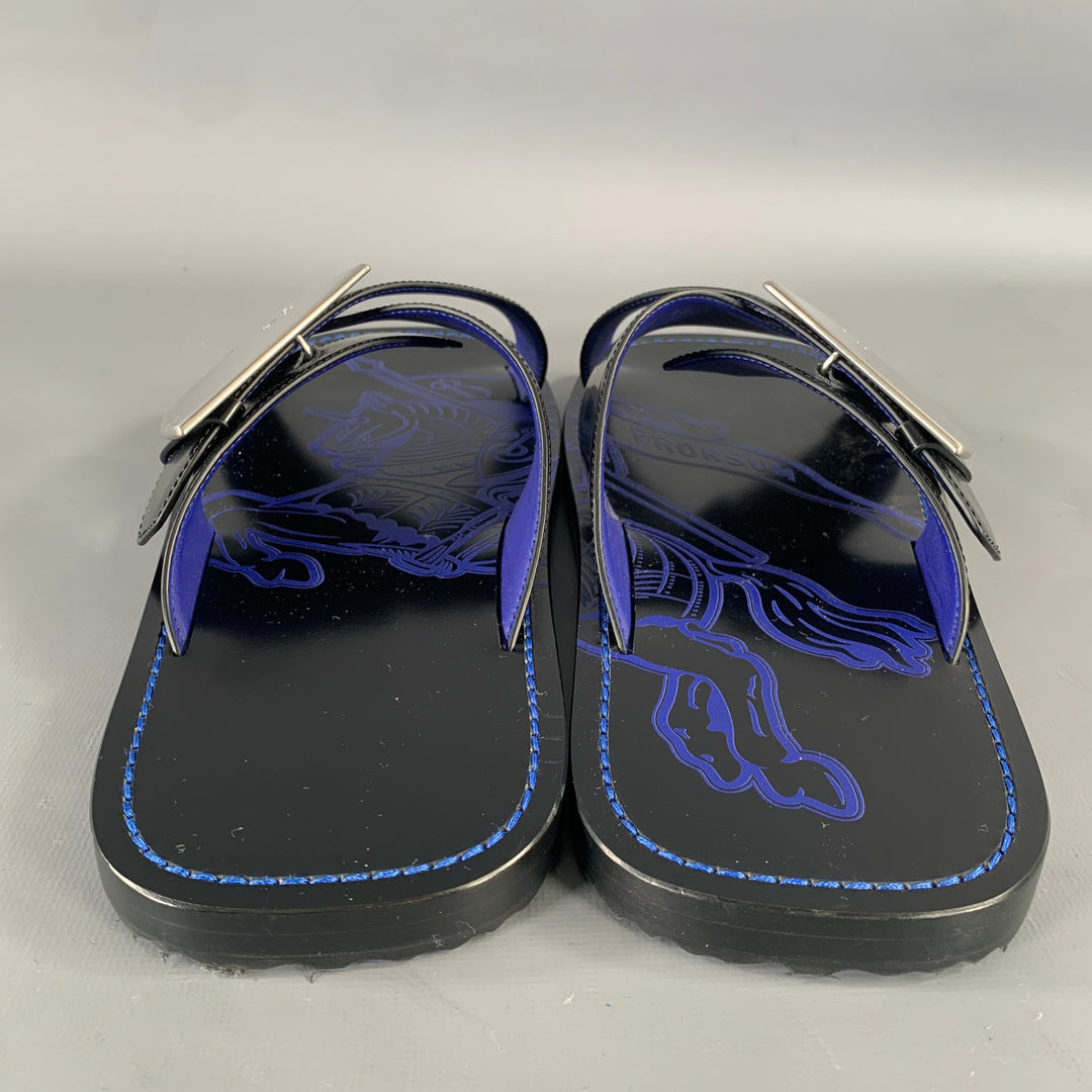 BURBERRY Size 10 Black Blue Leather Slide Sandals