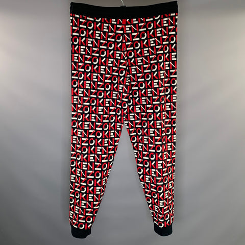 KENZO Size XL Black Red & White Monogram Cotton &  Nylon Sweatpants Casual Pants