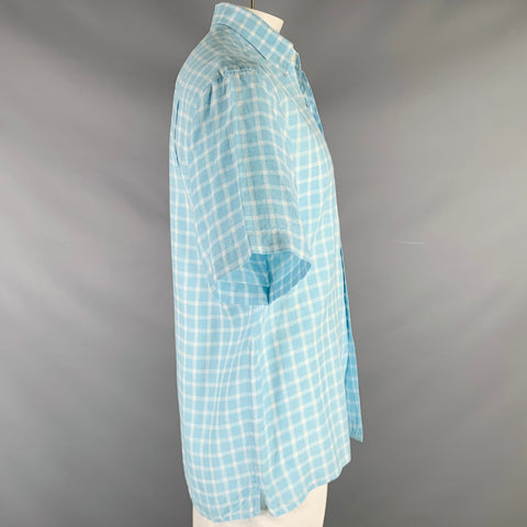 ERMENEGILDO ZEGNA Size L Light Blue White Plaid Linen Short Sleeve Shirt
