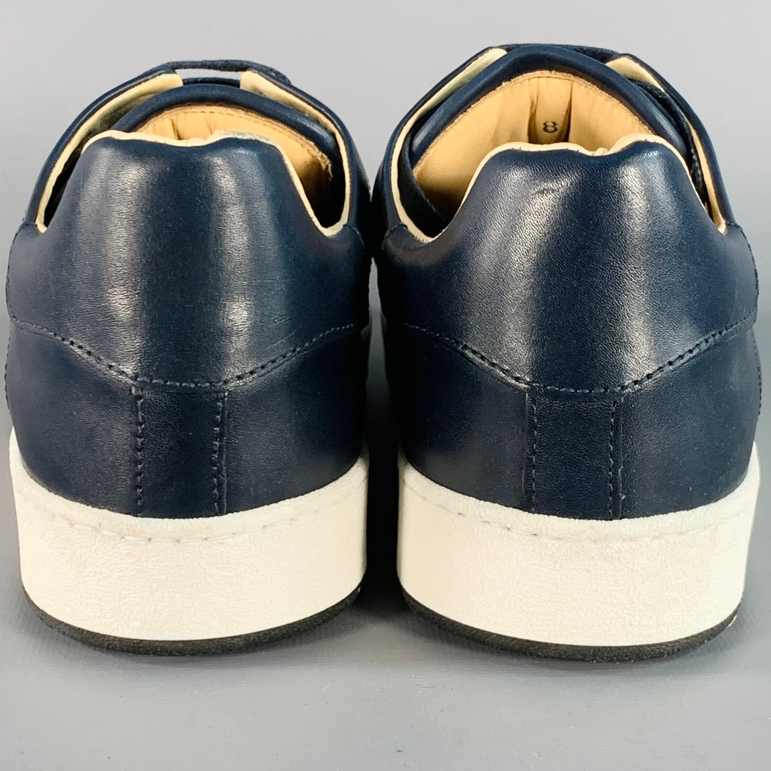 BUGATCHI Size 8 Navy Perforated Leather Low Top Sneakers