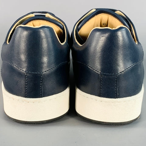 BUGATCHI Size 8 Navy Perforated Leather Low Top Sneakers