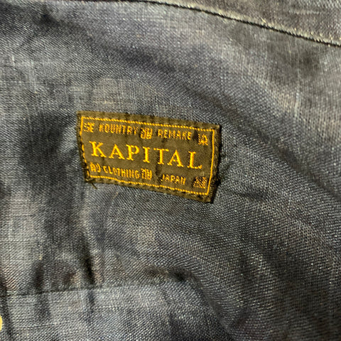 KAPITAL Size L Navy Blue Abstract Floral Linen Camp Short Sleeve Shirt
