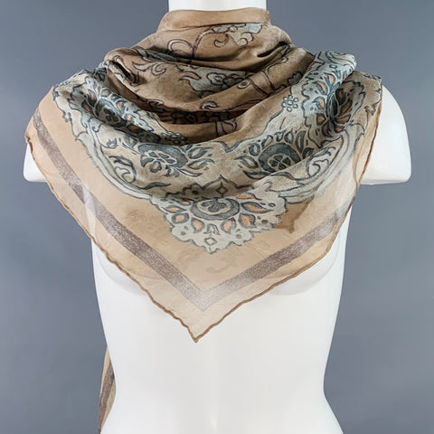 GIORGIO ARMANI Tan Blue Floral Silk Scarf Shawl
