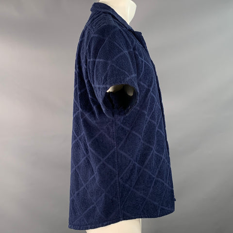 OAS Size M Navy Diamond Cotton Terry Camp Beach Cover Up Short Sleeve Shirt