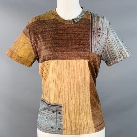 TODD OLDHAM Vintage 1980s Size M Brown Blue Polyester Blend Patchwork Wood Grain T-Shirt