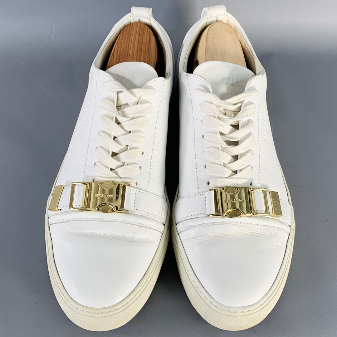 BUSCEMI Size 13 White Pebble Grain Leather Buckle Cap Toe Low Top Sneakers