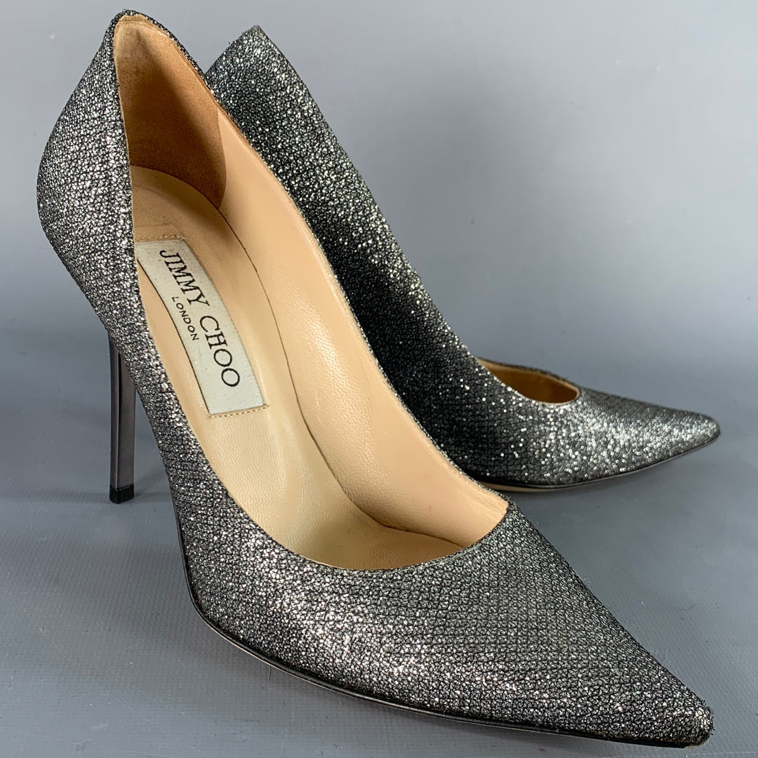 JIMMY CHOO Size 4 Silver Glitter Pointed Toe Stiletto Pumps
