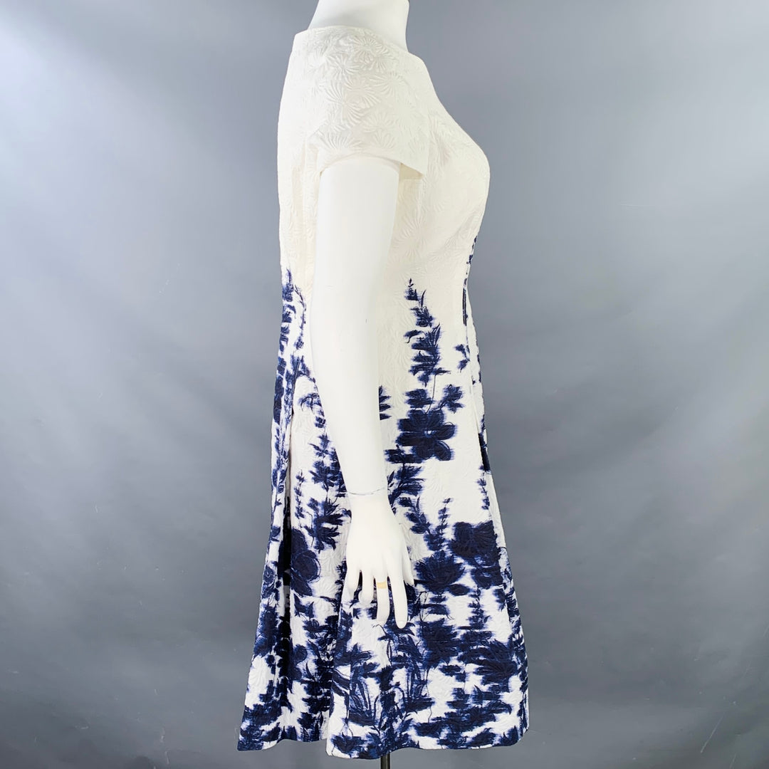 CAROLINA HERRERA Size 12 White Indigo Cotton Blend Abstract Floral Dress